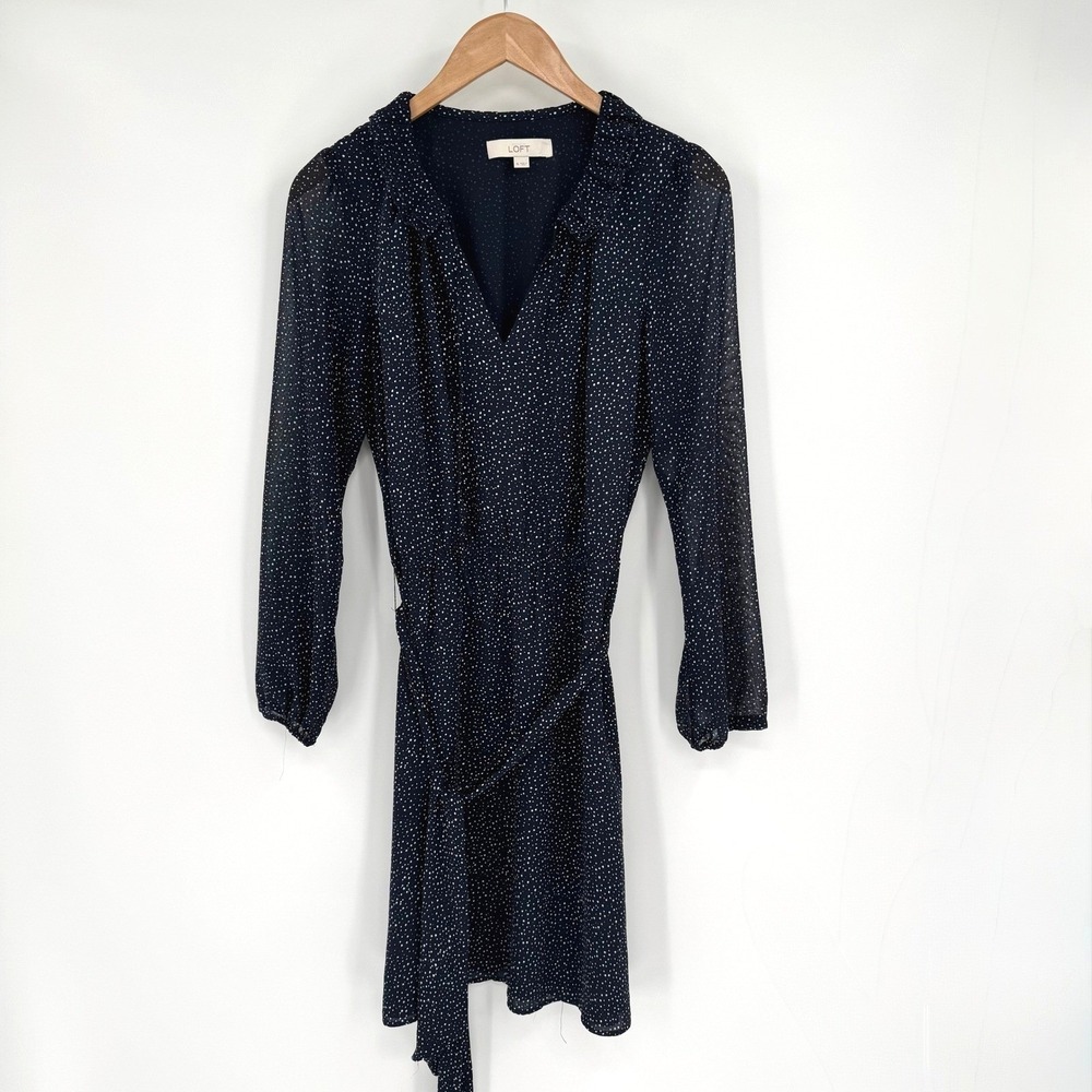 Loft Navy Blue/White Speck Long Sleeve V-Neck Midi Dress Women's Sz 6